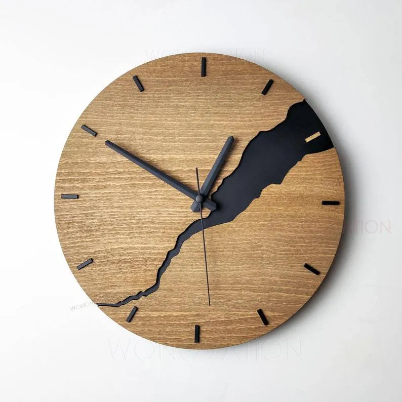 Modern simple wooden wall clock with creative crack design in colour option A.