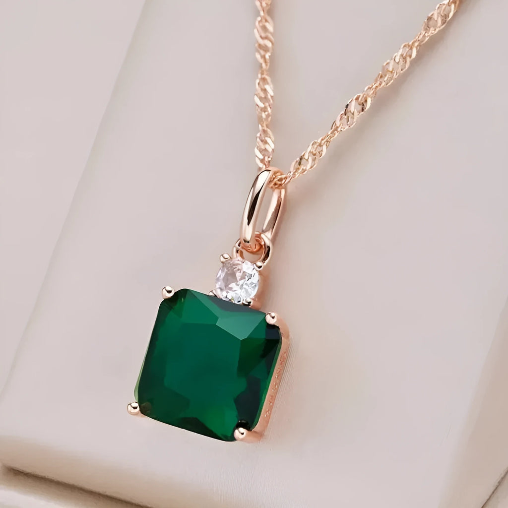 Green electroplated stainless steel clavicle chain with geometric quadrilateral pendant on O-ring chain