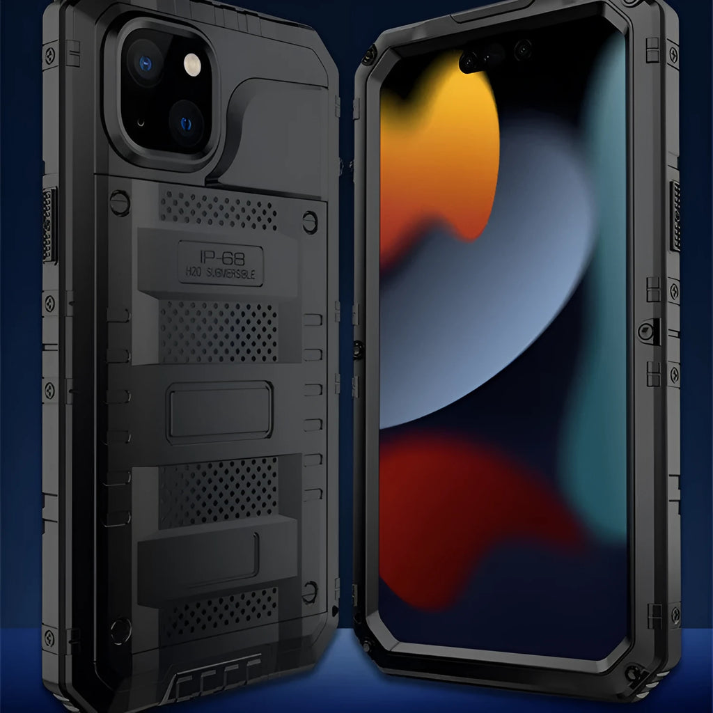 Outdoor sports metal phone case for iPhone 15, two-in-one design, alloy frame, black colour