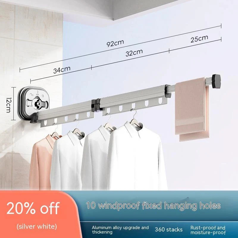 Aluminum retractable clothes drying rack mounted on wall with suction cups