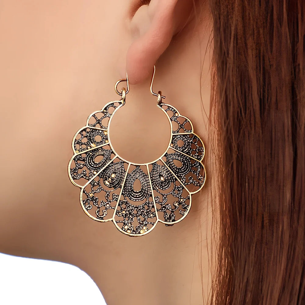 Pair of bohemian ethnic alloy earrings with 5cm geometric plated design for women's fashion