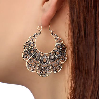 Pair of bohemian ethnic alloy earrings with 5cm geometric plated design for women's fashion