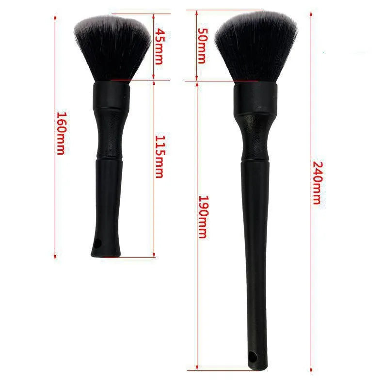 Black car detailing brush with ultra-soft pig hair bristles and PP handle in 240mm and 160mm sizes