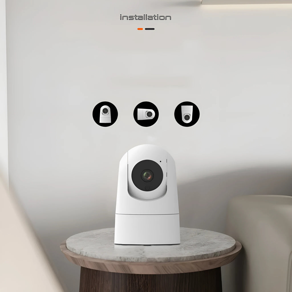 Indoor 5G dual-band shake head security camera with compact square design on a table.