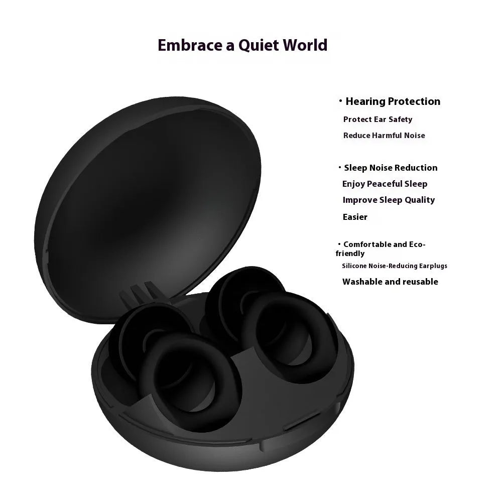A pair of black silicone soundproof earplugs on a white background.