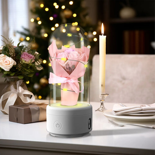 Rose-shaped LED bouquet night light with Bluetooth speaker enclosed in glass cover