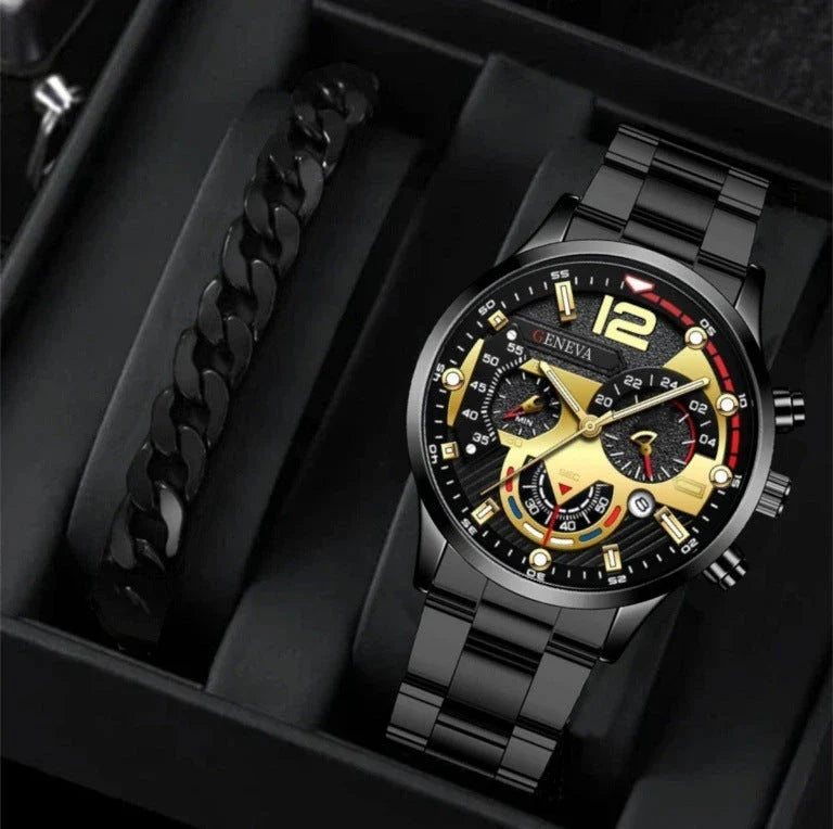 Stylish men's stainless steel quartz watch with adjustable bracelet set in various color combinations