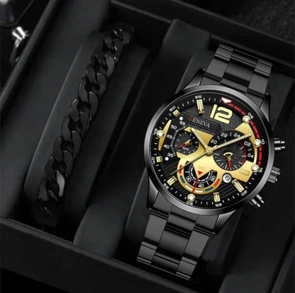 Stylish men's stainless steel quartz watch with adjustable bracelet set in various color combinations