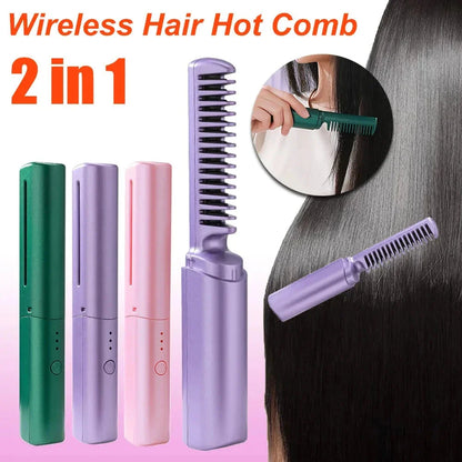 Portable cordless hair straightener and curler brush with ceramic plates for smooth, salon-quality styling