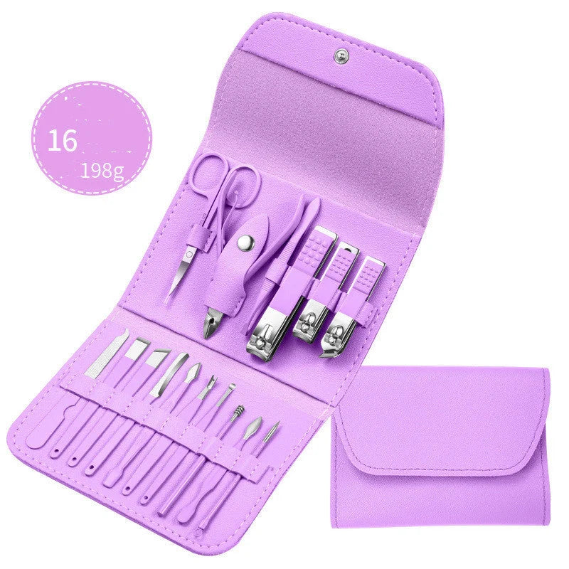 Professional Nail Care Set with stainless steel tools in a leather case