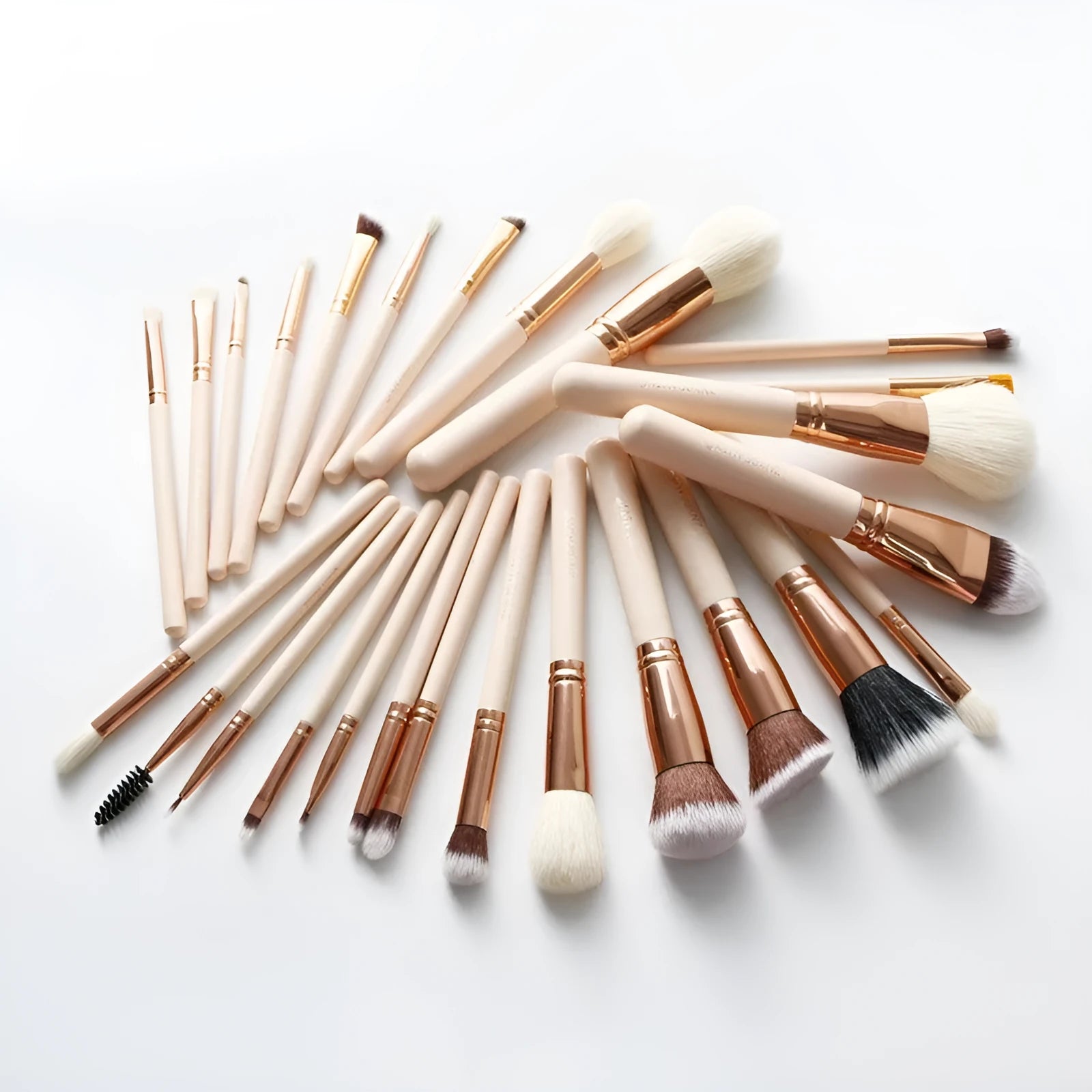 26-piece pink makeup brush set with wooden handles displayed in a PU storage bag