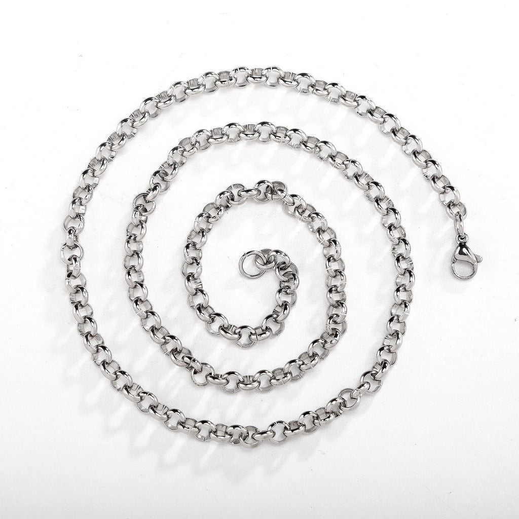 Silver stainless steel men's punk ring buckle necklace with O-ring chain on a neutral background