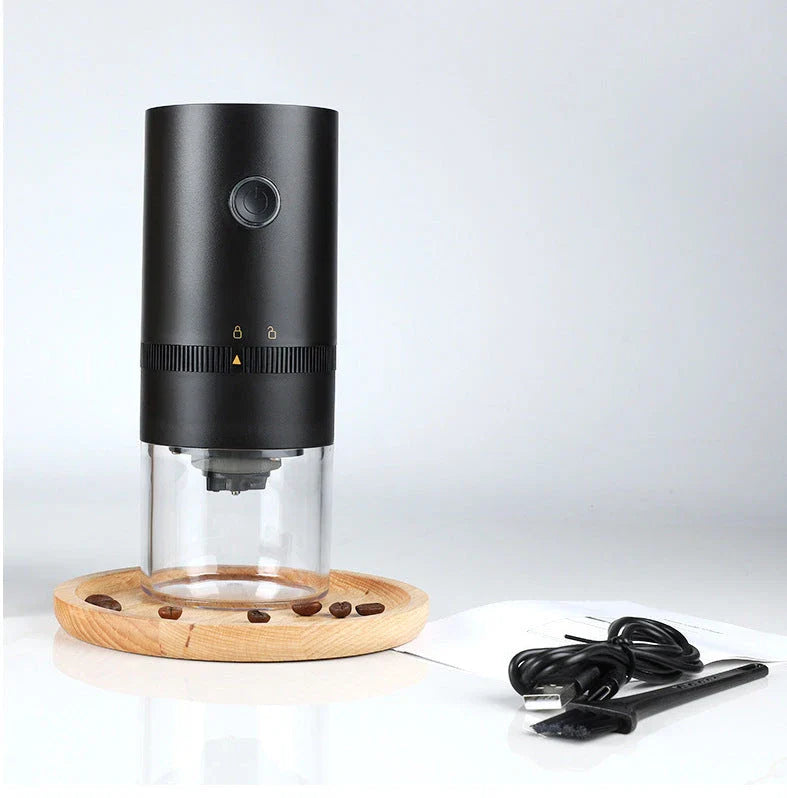 Portable electric coffee grinder with USB-C charging, adjustable grind settings, and dishwasher-safe removable bins