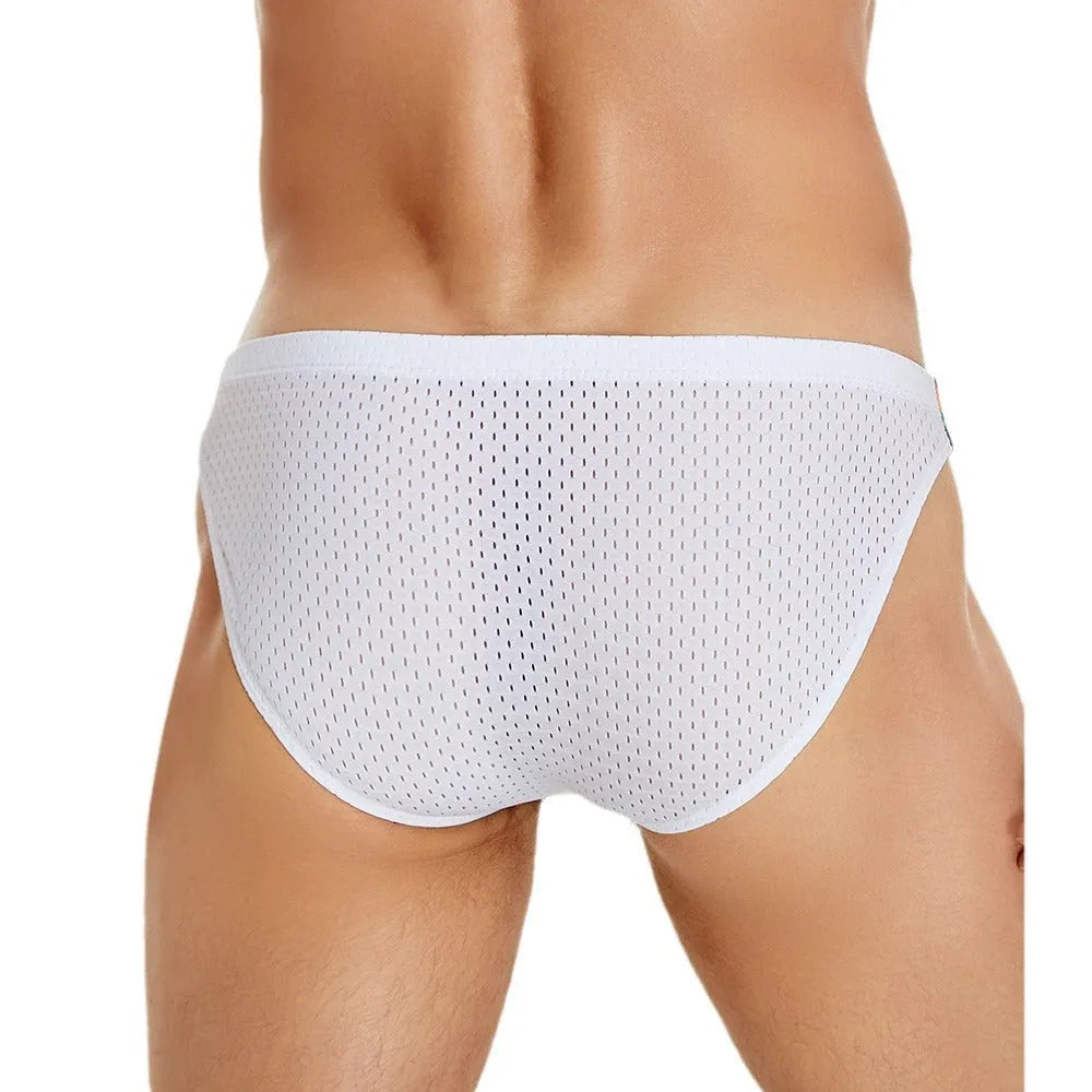 Men's nylon mesh briefs with rainbow waistband in black, white and dark blue colours