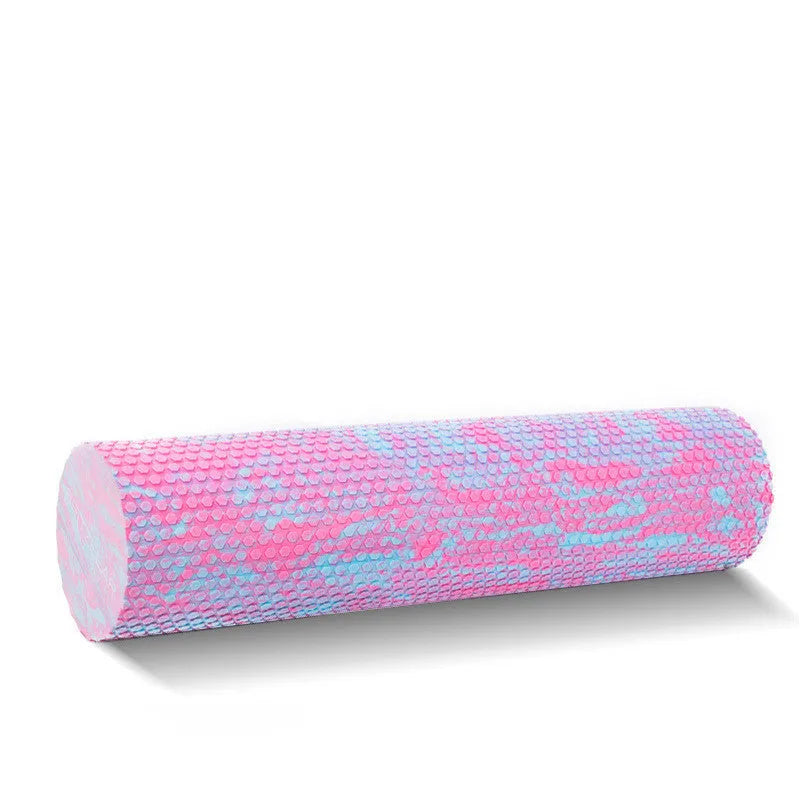 Solid EVA foam yoga roller in pink and blue, 30cm and 45cm lengths, on a yoga mat
