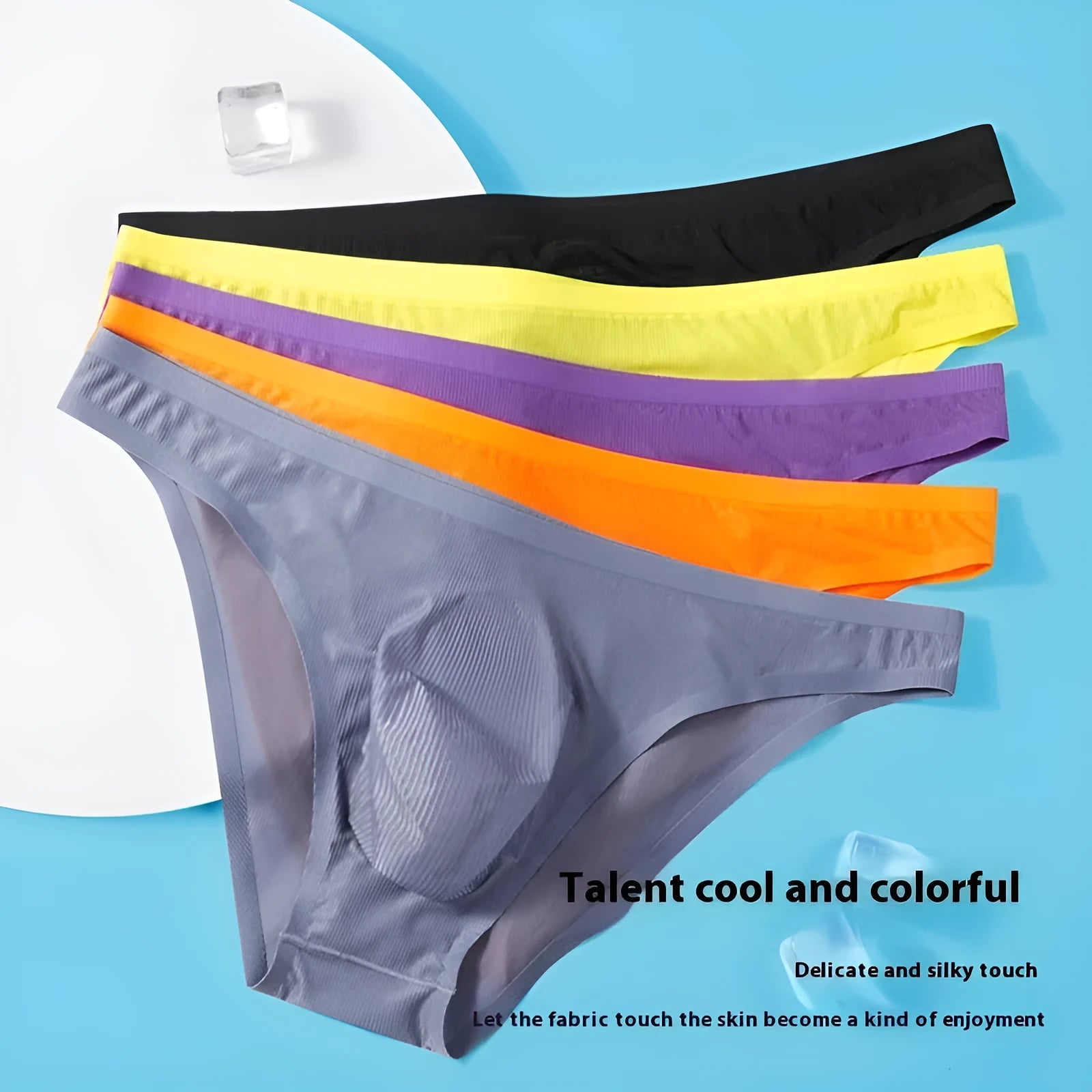 Men's ice silk seamless underwear briefs in translucent fabric with stripe patterns