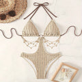 Women's lace-up cutout one-piece swimsuit in solid colour polyester, khaki or red, sizes S to XL, sleeveless