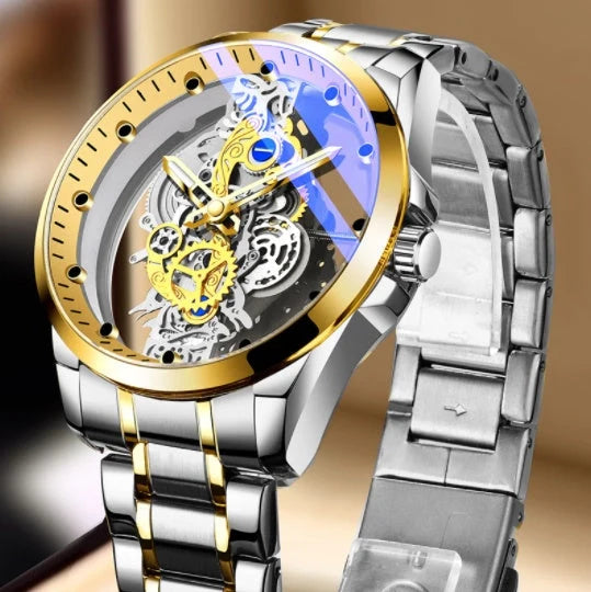 Men's skeleton automatic quartz watch with gold finish and mineral glass