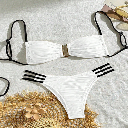 Women's striped polyester swimsuit in khaki, brown, white, black, or green for beach and hot spring activities