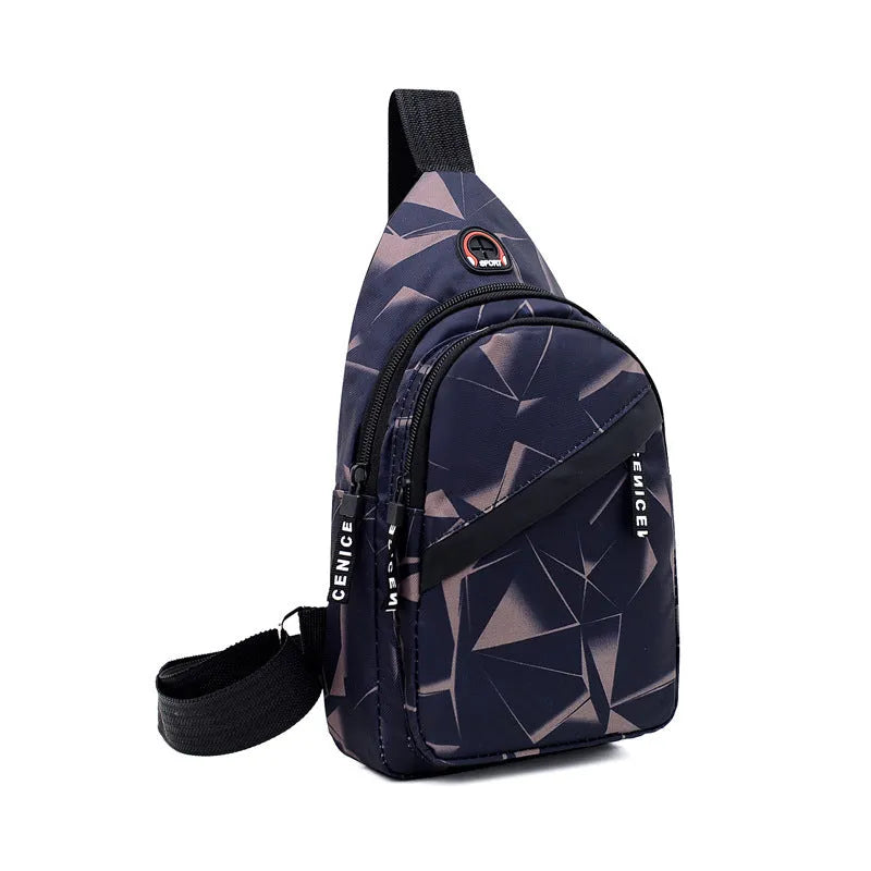 A blue print sling chest bag for men with an earphone hole, shown in a square vertical crossbody style.