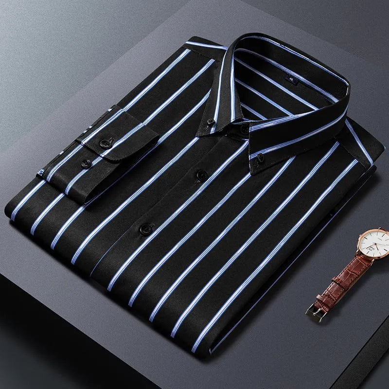 Men's slim-fit striped printed polyester business casual shirt in blue, front view with collar and button placket