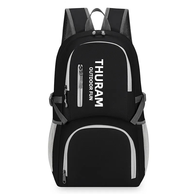 Outdoor folding shoulder travel bag in Oxford cloth with 20-35L capacity and air pillow belt