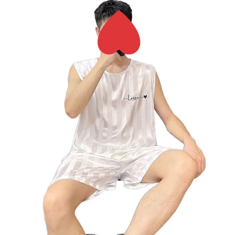 Men's ice silk vest and shorts pajama set in solid colour with embroidery, summer sleepwear