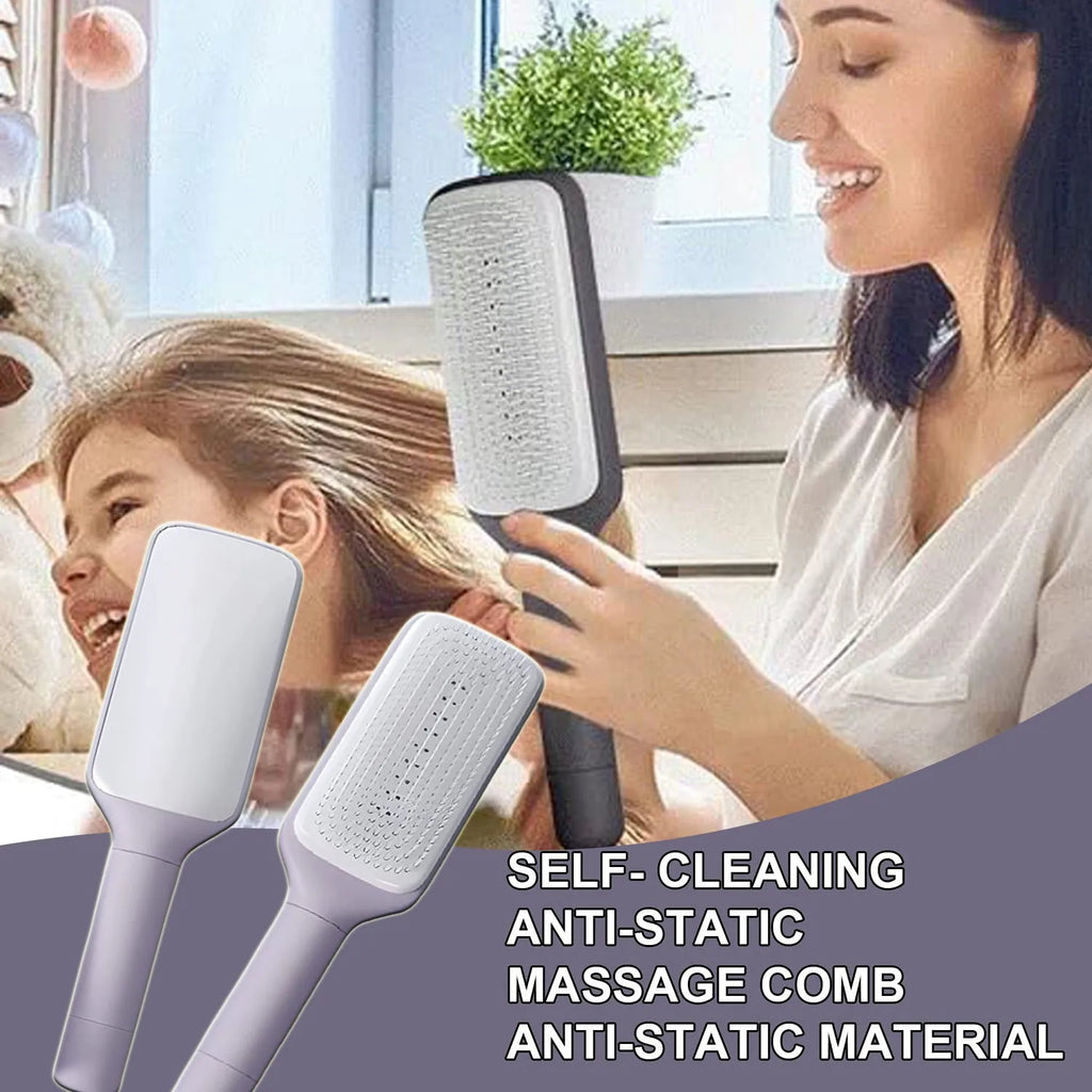 Purple and grey self-cleaning hair brush with rotate handle mechanism for anti-static massage combing