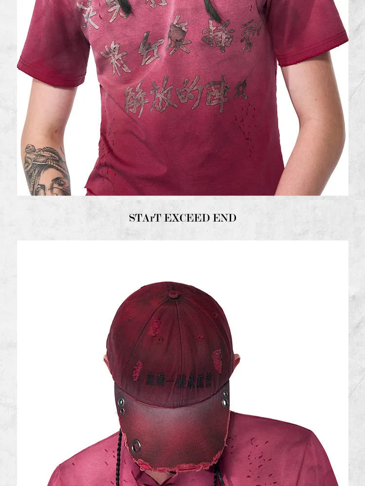 Rose red cotton peaked cap with adjustable strap and vintage spray-dirty finish