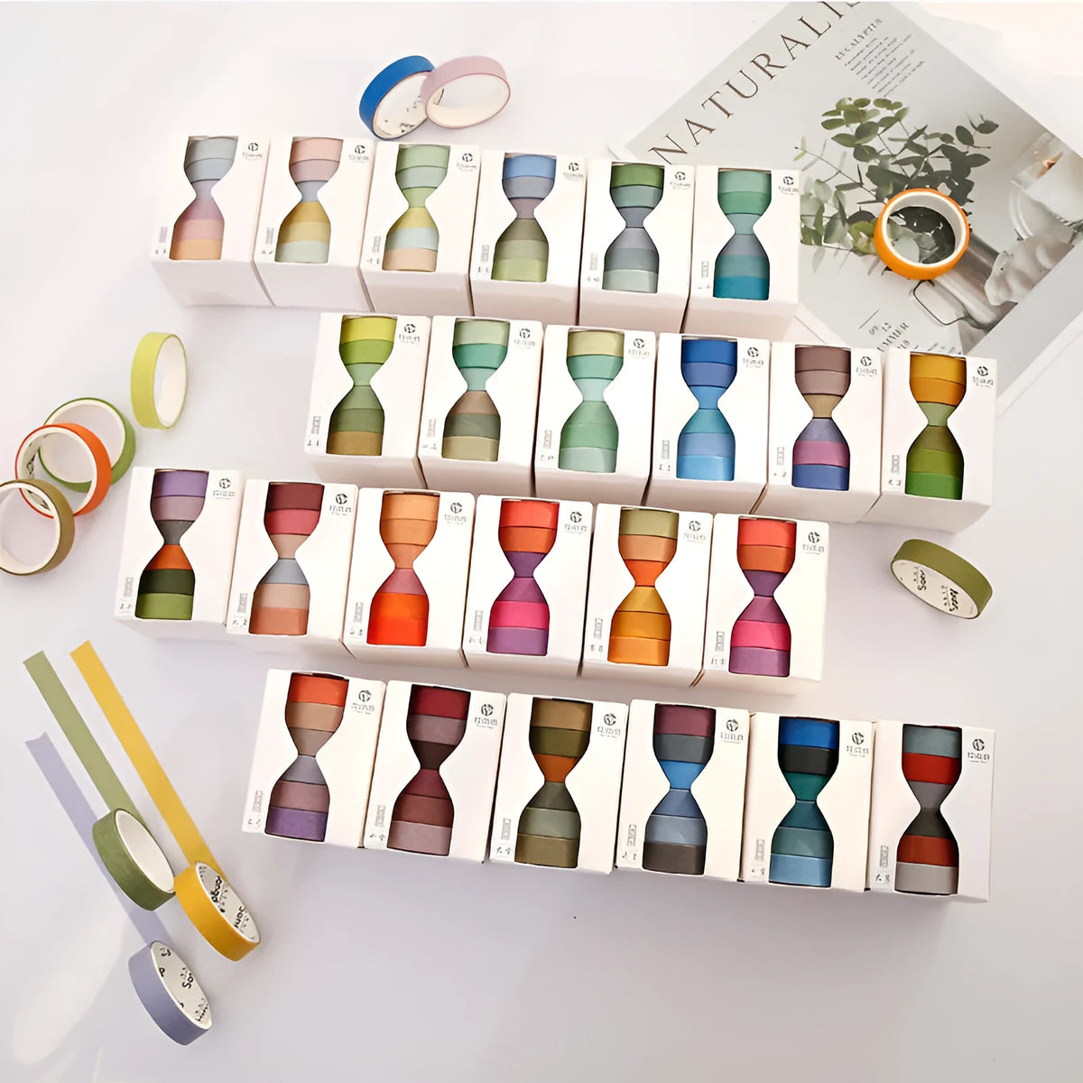 Six rolls of solid colour washi tape in a pack showing solar term designs like Start of Spring and Autumn Equinox