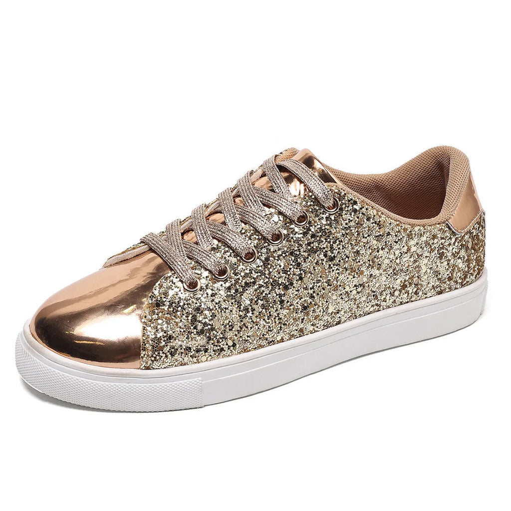 Women's plus size black sequined lace-up board shoes with a flat heel and round toe on a white background