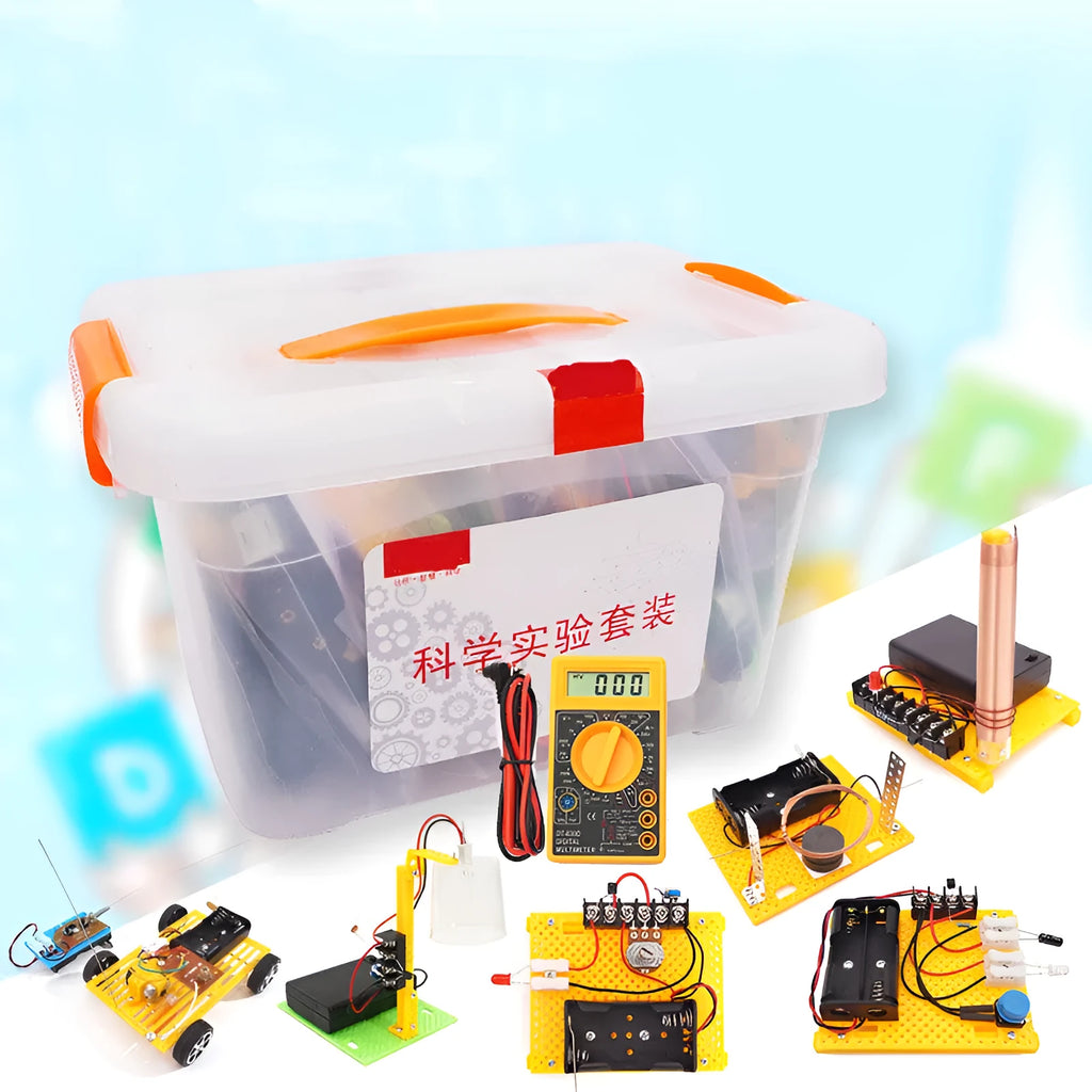 DIY electronic science experiment set with solar fan, hand generator, motor, and doorbell plastic components for kids aged 7-14