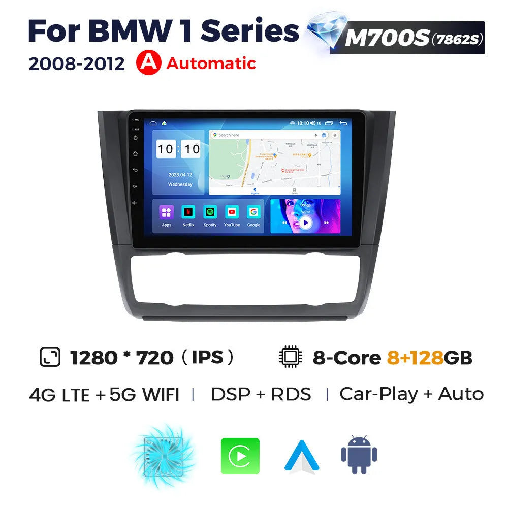 9-inch Android central control navigation touchscreen unit for BMW E87 vehicle.
