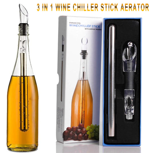 Stainless steel wine chilling rod with leakproof pourer