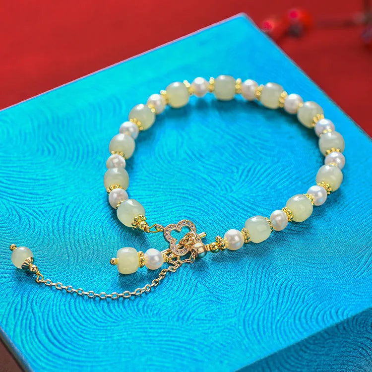 Natural Hetian jade pearl pendant women's bracelet with gold alloy electroplated finish in Chinese style