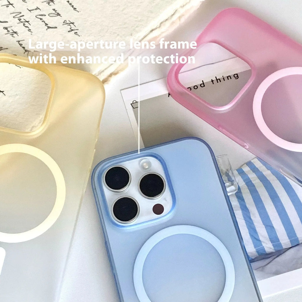 Gradient frosted magnetic suction iPhone case showing ultra-thin PC construction and colour variations