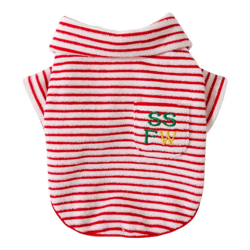 Red striped warm fleece pet clothing for small dogs and cats with two leg openings and embroidered pocket