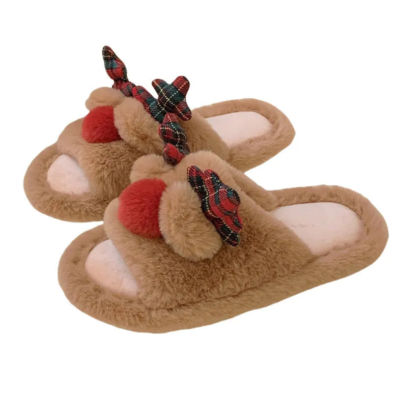 Brown women's cotton slippers with cartoon fawn design, suede uppers and PVC soles