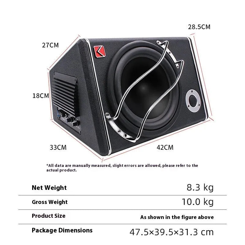 10-inch car subwoofer in MDF enclosure with PVC leather finish for 12V vehicle audio refit