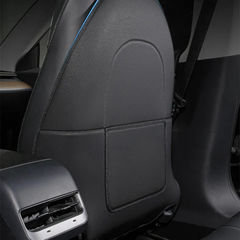 Black leather motorcycle seat anti kick pads showing dimensions and single pocket design
