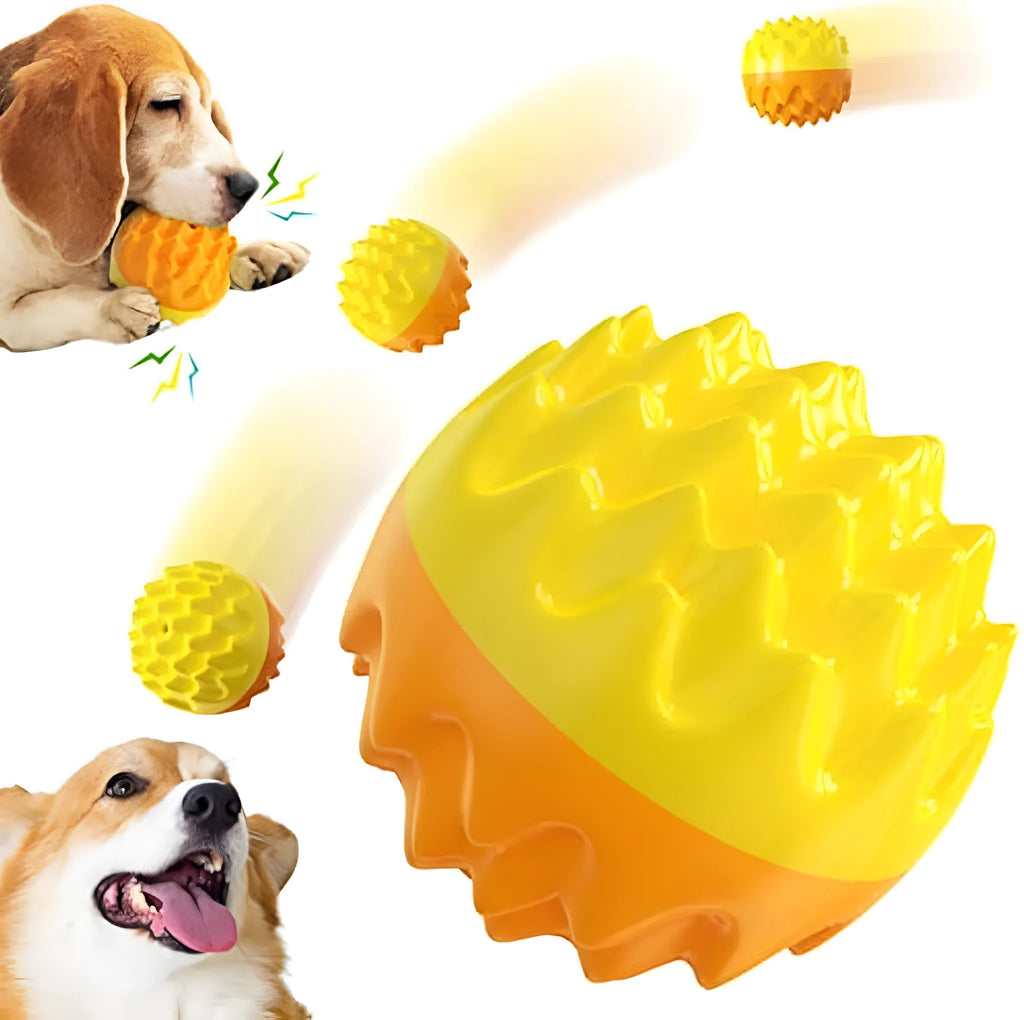 Blue and orange squeaky rubber dog ball with spiky dental cleaning texture