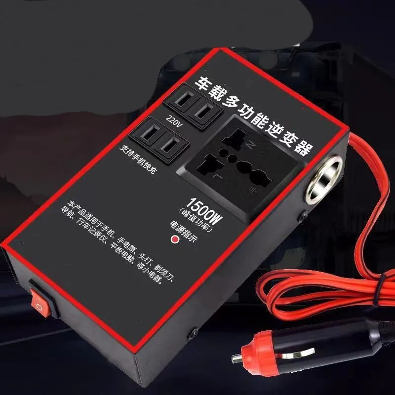 Black automotive 12V 24V to 220V power converter with AC socket and 4 USB ports.