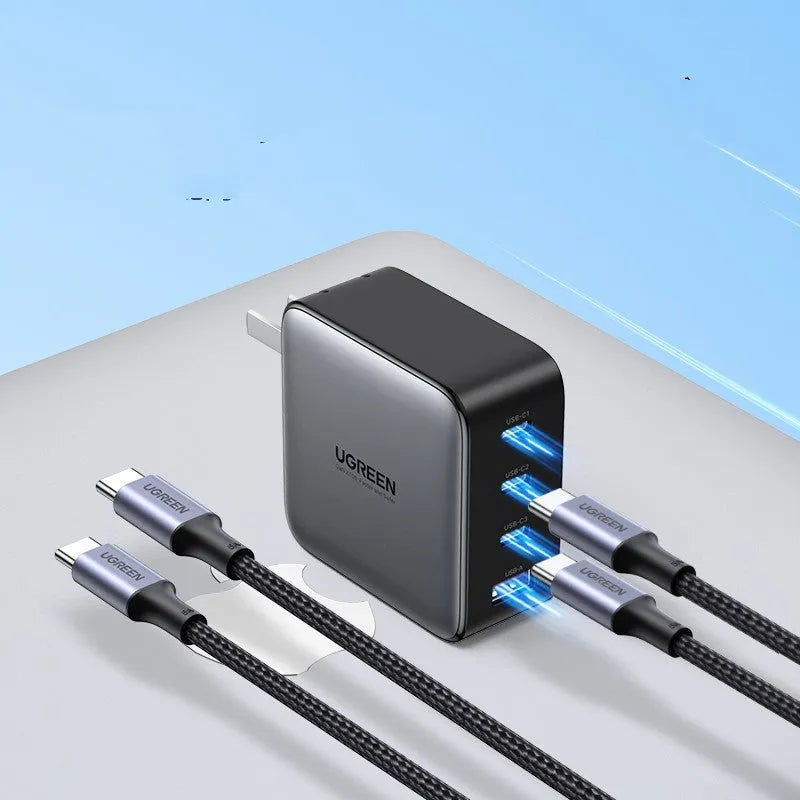 100W Gallium Nitride multi-port fast charger plug on a white background.