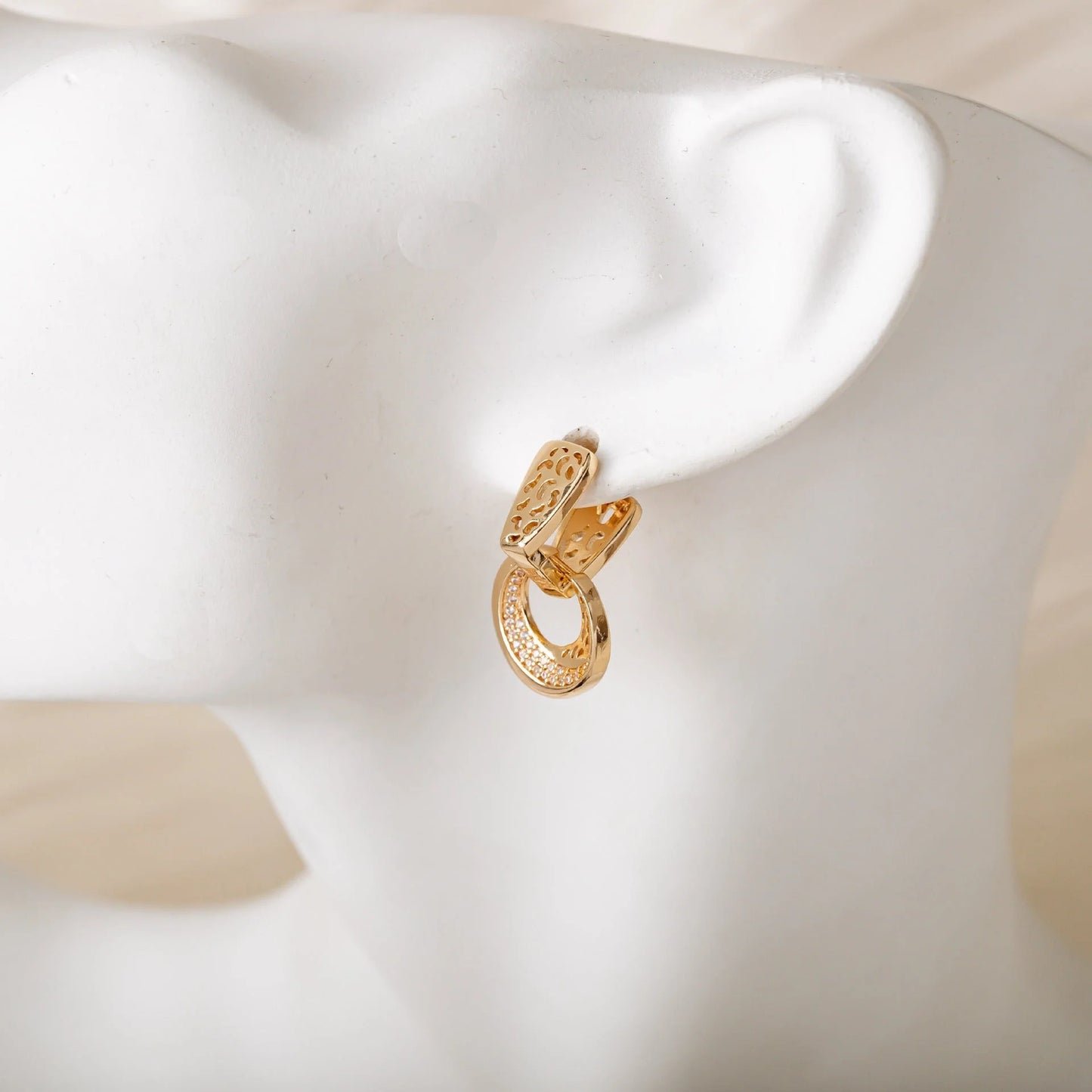 Hollow round moon drop earrings with natural zircon flower in rose gold and silver