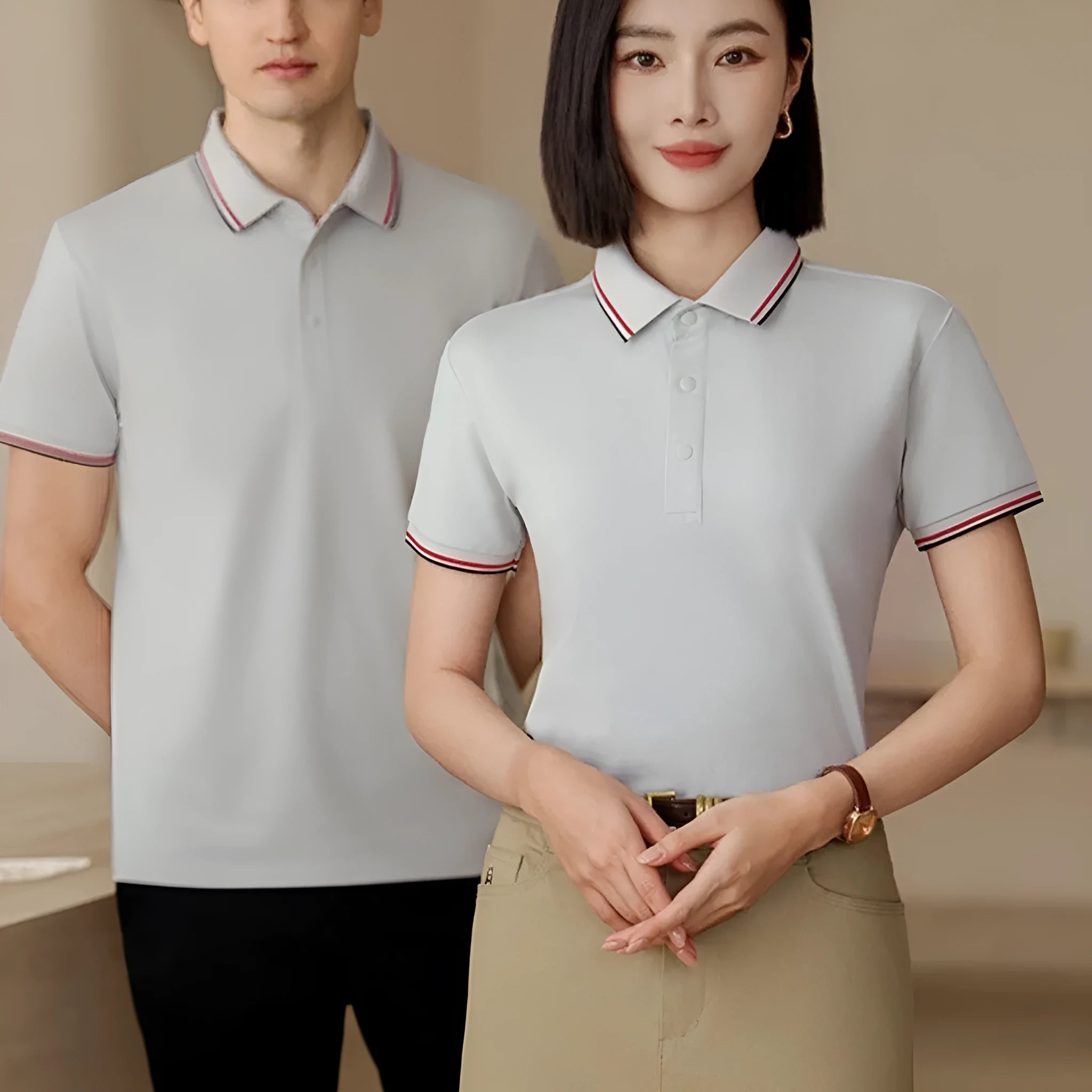 Men's solid colour cotton lapel T-shirt for summer work wear with short sleeves