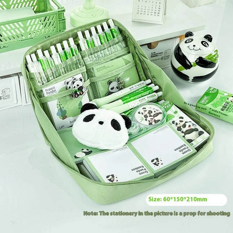 Green canvas 12-layer panda pencil case with zip closure, shown open to reveal compartments.