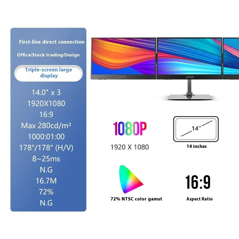 Black HD 14-inch dual screen IPS LCD office display with USB interface