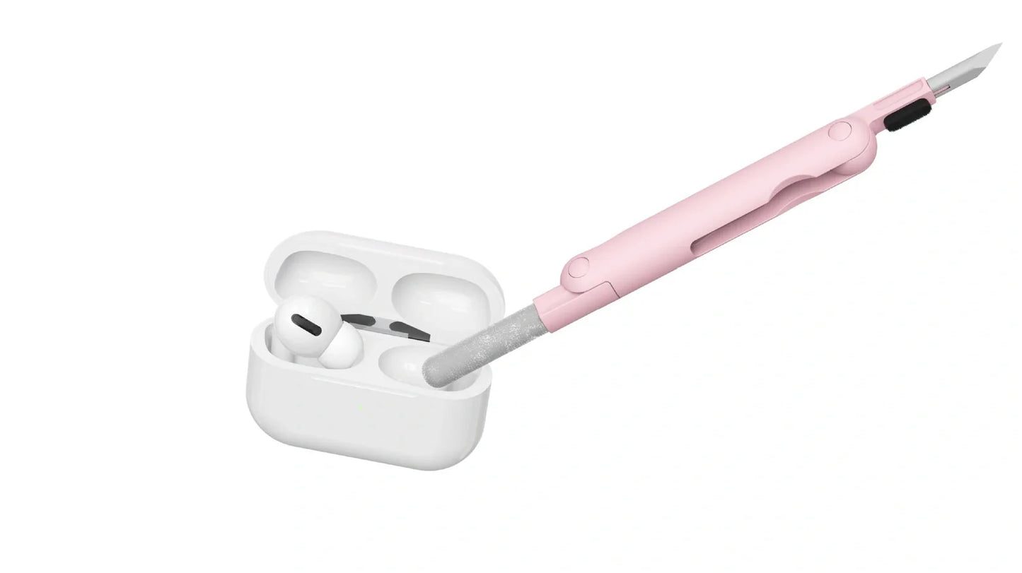 Pink and blue computer cleaning pen set with brush, keycap tool, and empty spray bottle