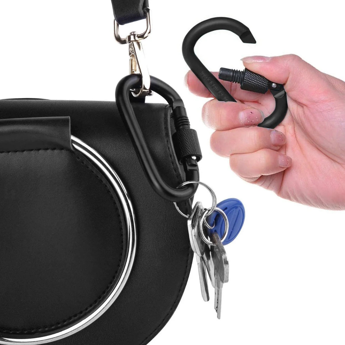 D-Type Aluminum Alloy Carabiner in black, 8cm length, 60kg load capacity