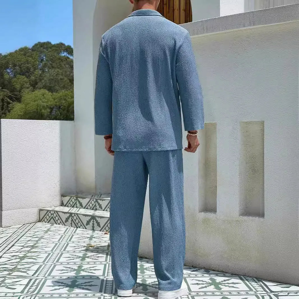 Men's casual shirt and trousers commuter suit set in lake blue colour.